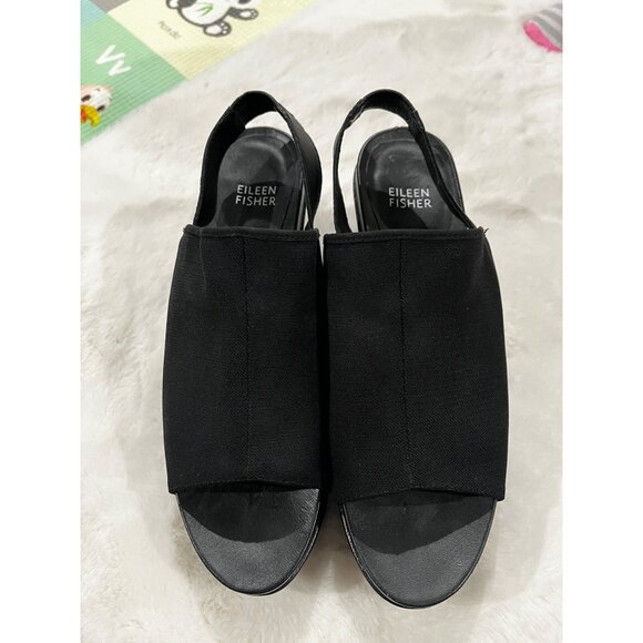 Eileen Fisher Black Peep Toe Slingback Platform Wedge Heels Size 8.5 - Picture 6 of 9